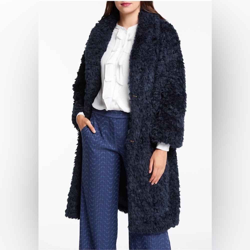 Max Studio Navy Blue Teddy Faux Fur Long Winter Jacket